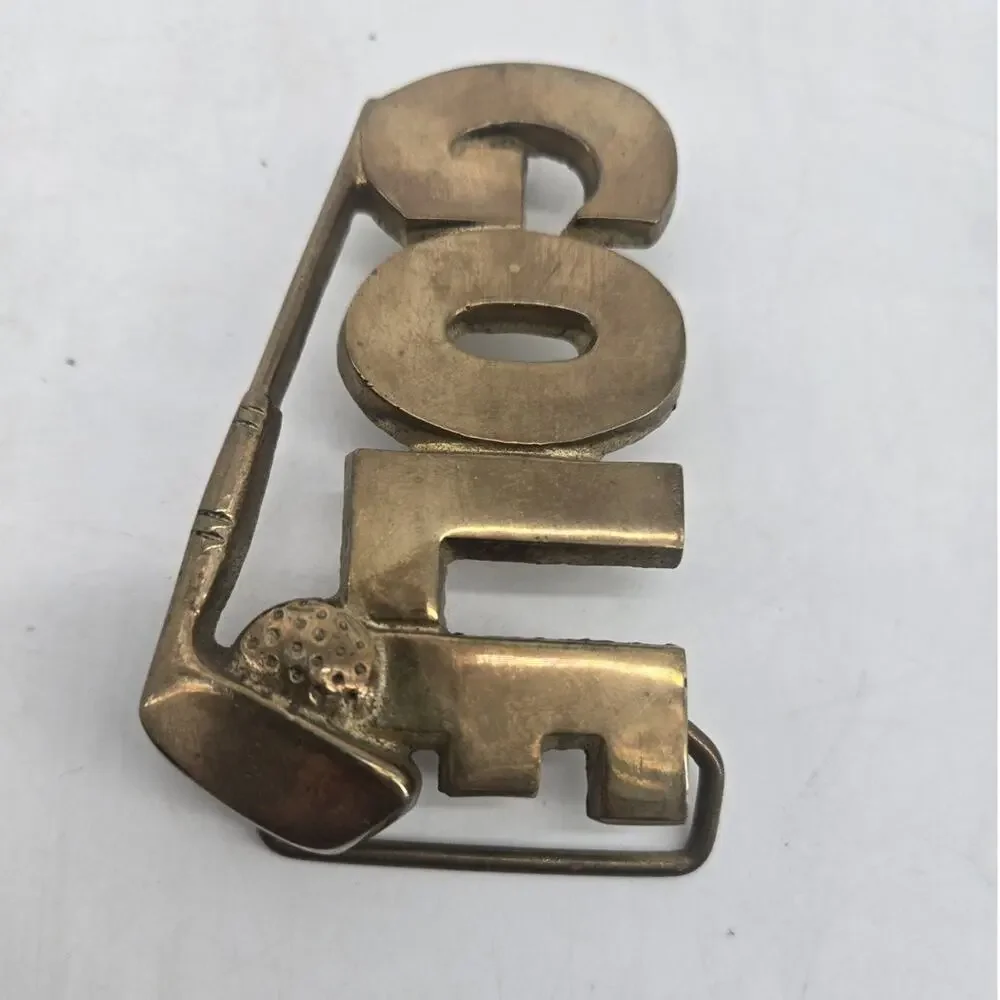 Vintage GOLF Word Art Belt Buckle Brass R.O.C. Golfing Golf Club Ball